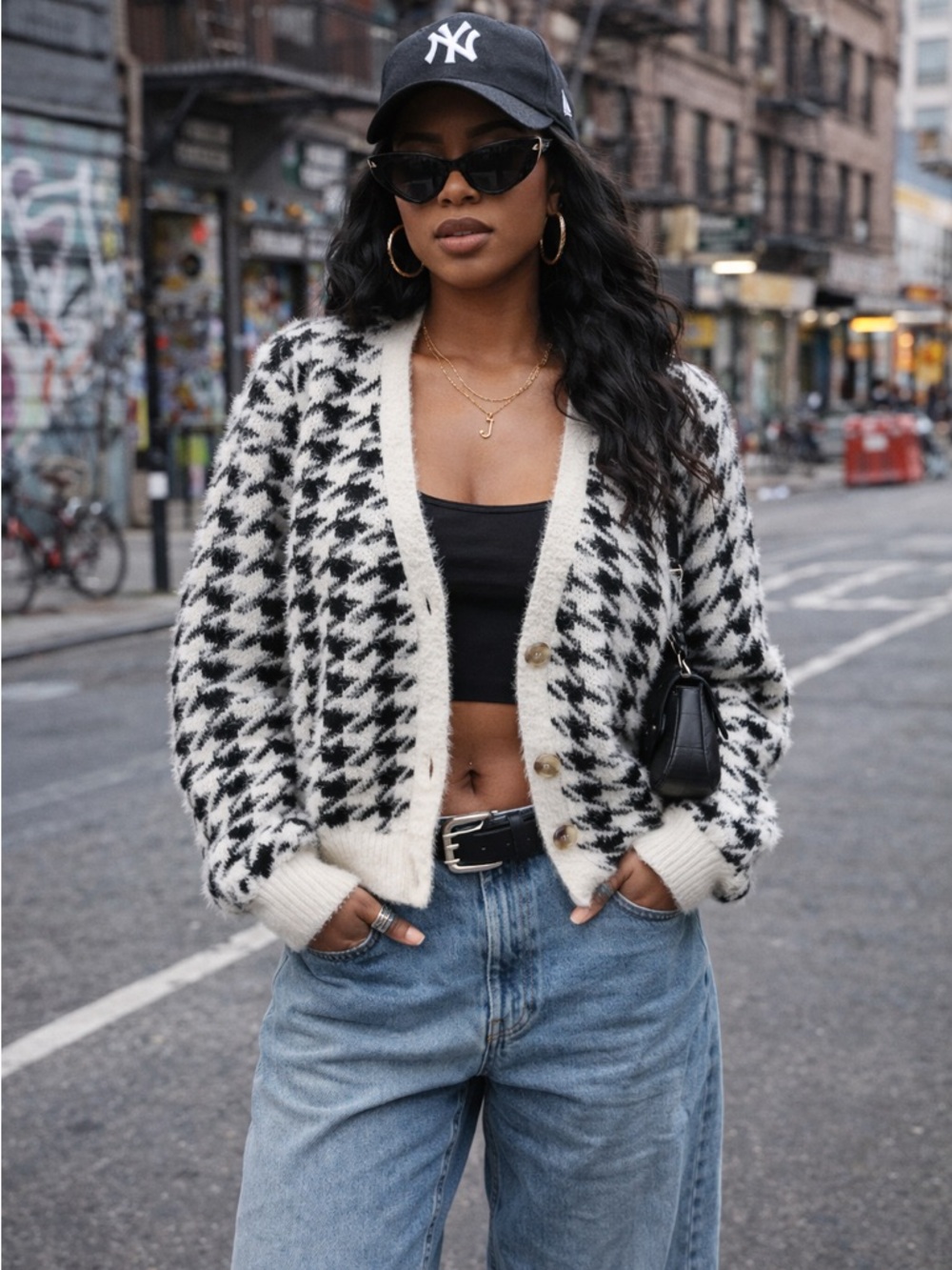 Cozy Houndstooth Button-Front Cardigan Jacket - Black & White